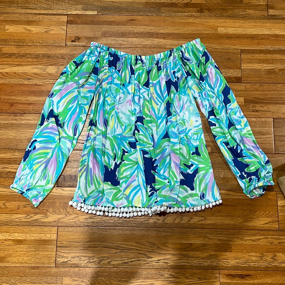 Lilly Pulitzer off the shoulder top with Pom Poms